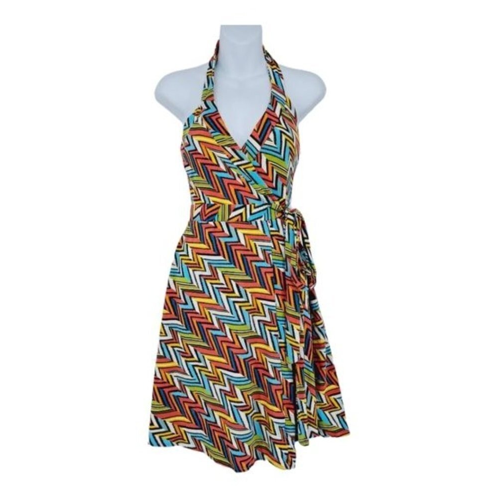 Gap Wrap Dress Women XS Multi Color Chevron Zigzag Halter Neck Summer Mini